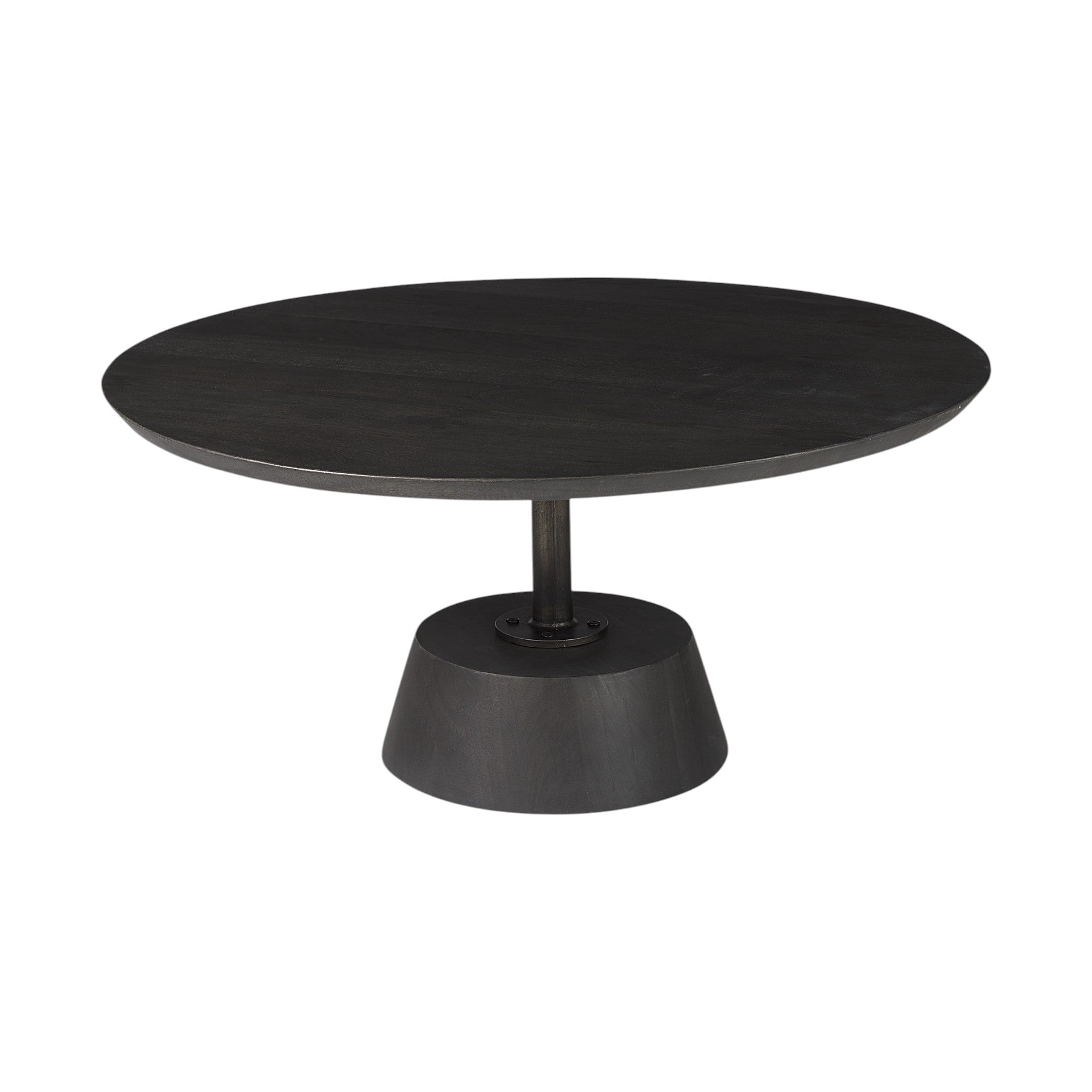 32" Dark Brown and Black Solid Wood and Iron Round Pedestal Coffee Table-Coffee Tables-DECOROLALA