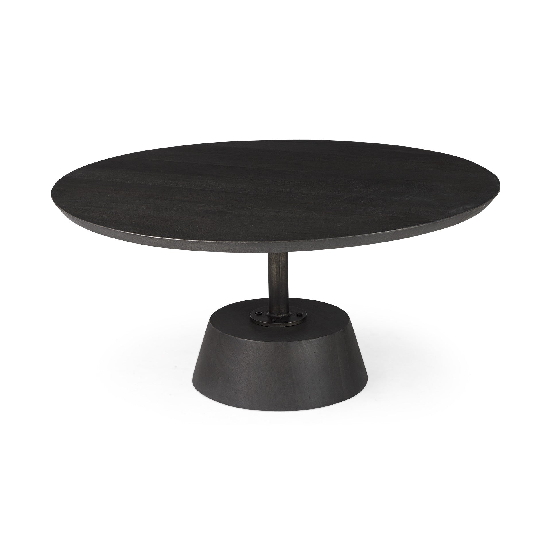 32" Dark Brown and Black Solid Wood and Iron Round Pedestal Coffee Table-Coffee Tables-DECOROLALA