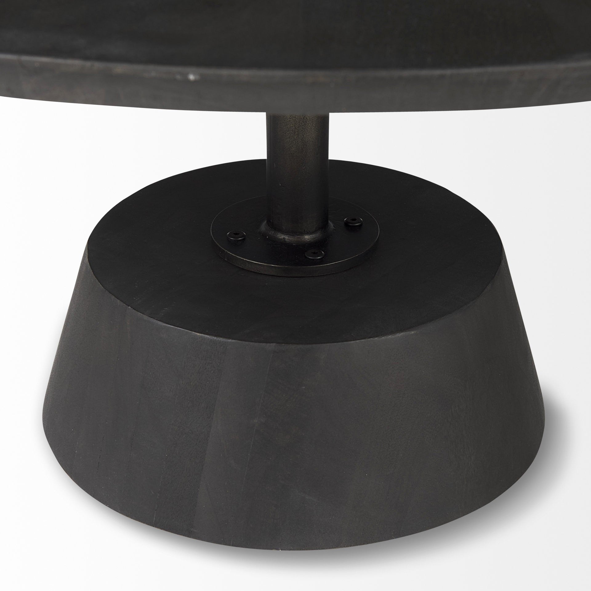 32" Dark Brown and Black Solid Wood and Iron Round Pedestal Coffee Table-Coffee Tables-DECOROLALA