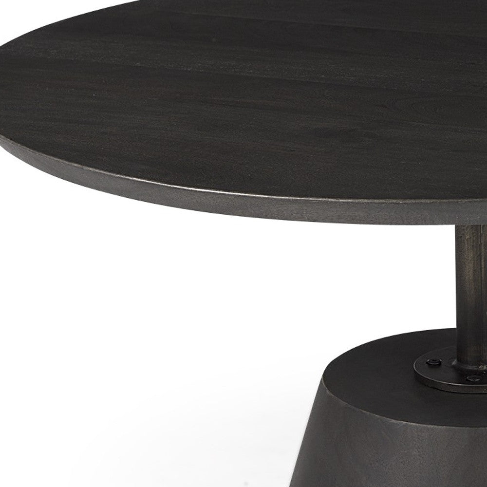 32" Dark Brown and Black Solid Wood and Iron Round Pedestal Coffee Table-Coffee Tables-DECOROLALA