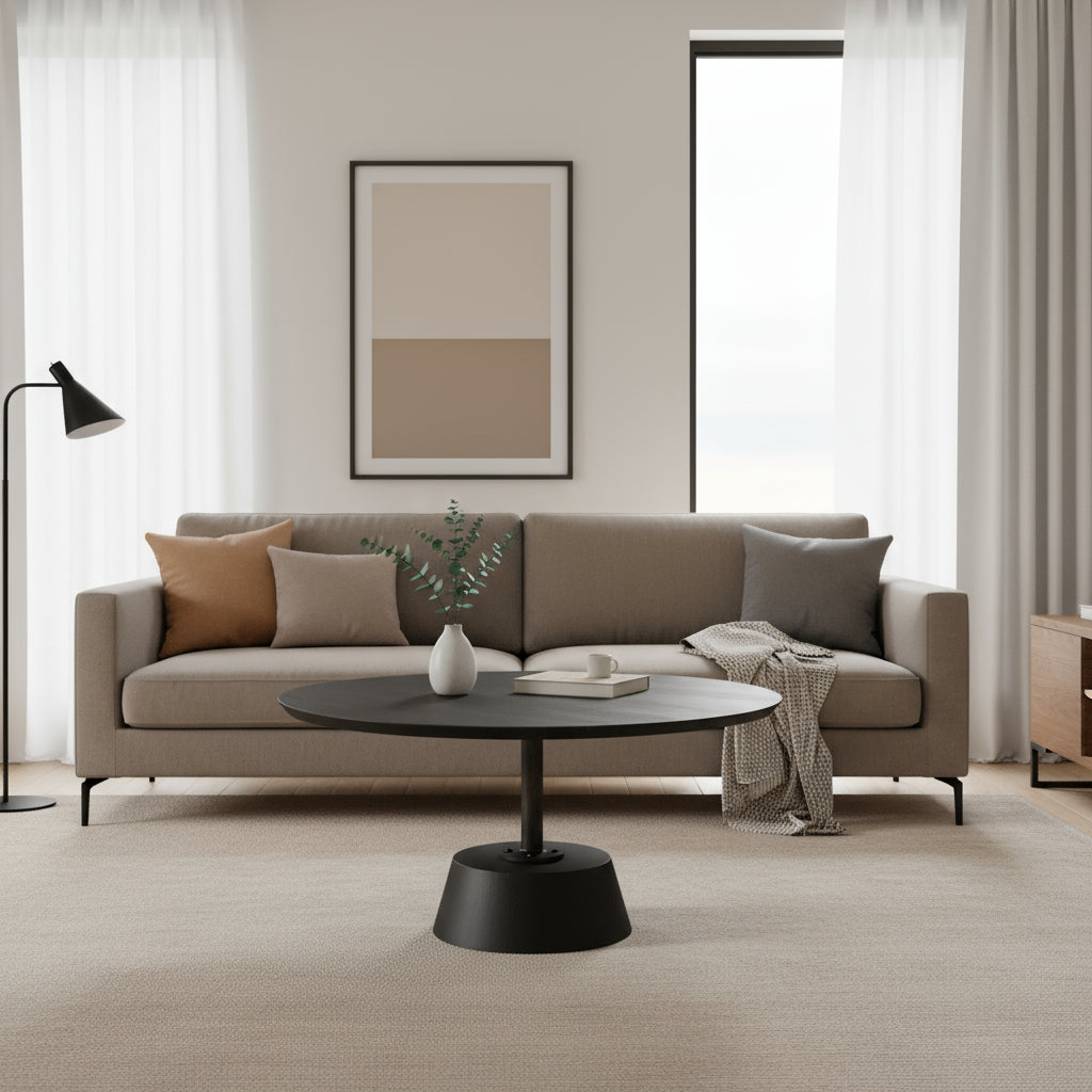 32" Dark Brown and Black Solid Wood and Iron Round Pedestal Coffee Table-Coffee Tables-DECOROLALA