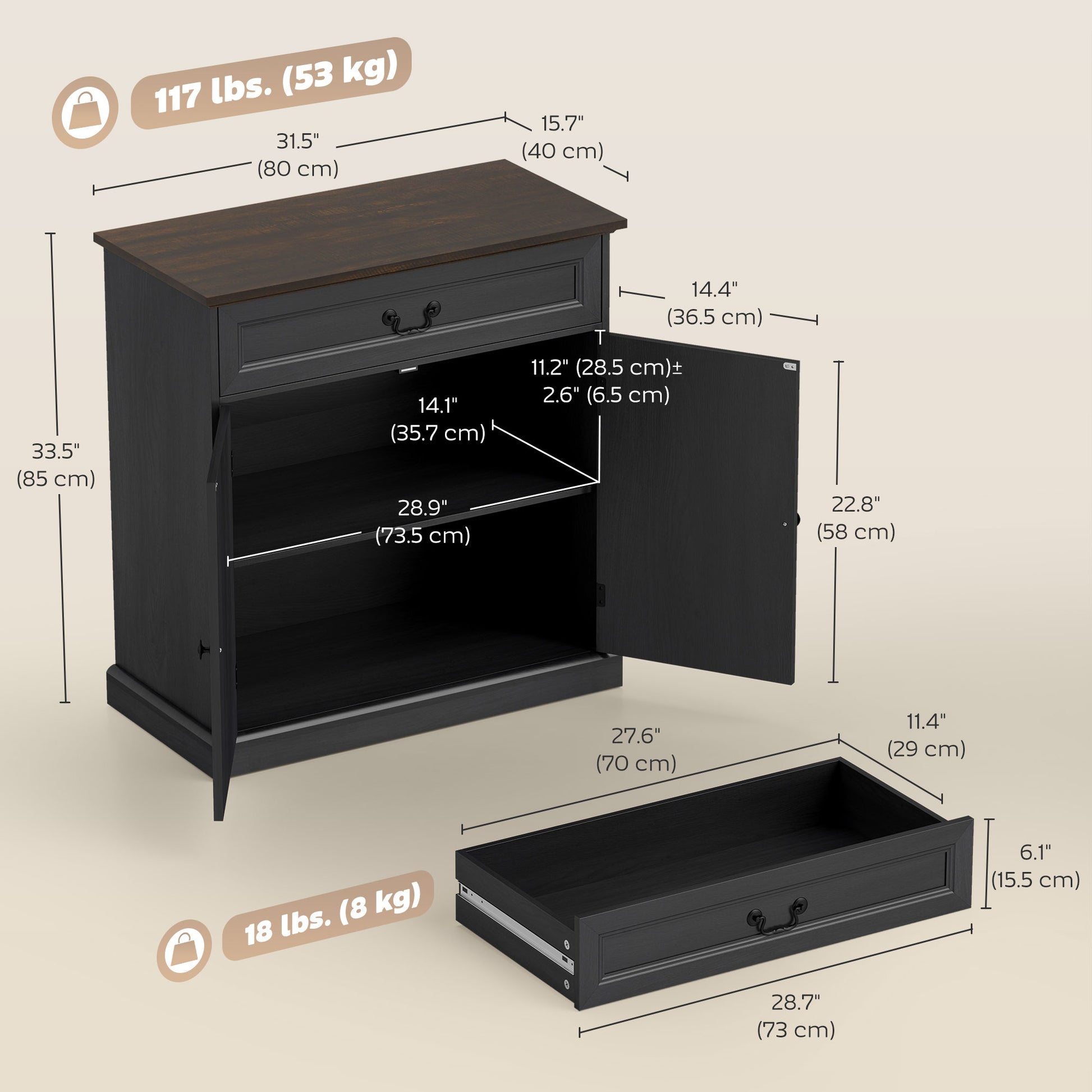 32" Farmhouse Buffet Cabinet - Black Wood Grain Sideboard-DECOROLALA