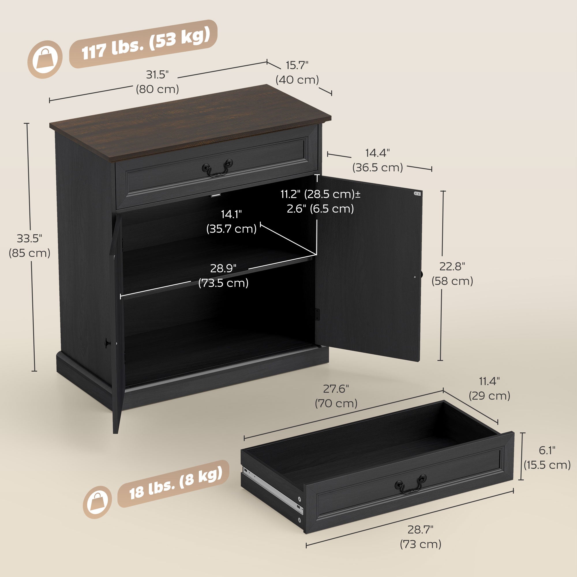 32" Farmhouse Buffet Cabinet - Black Wood Grain Sideboard-DECOROLALA