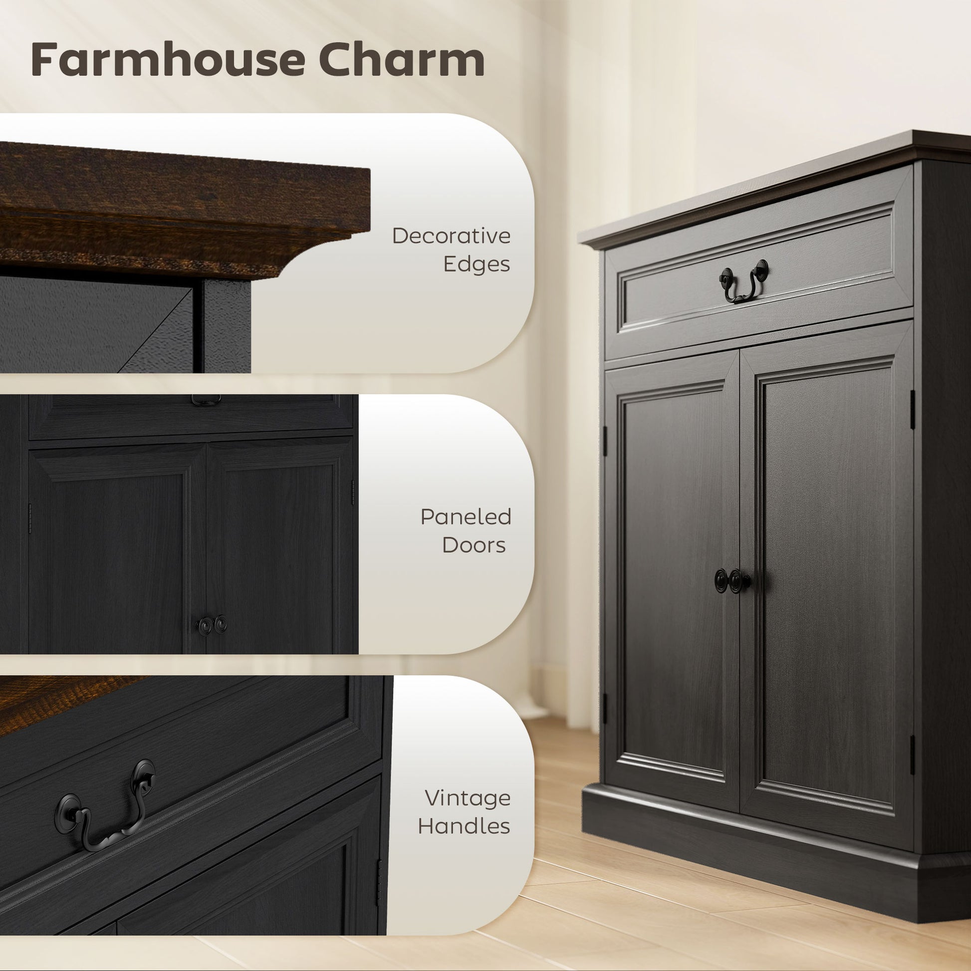 32" Farmhouse Buffet Cabinet - Black Wood Grain Sideboard-DECOROLALA