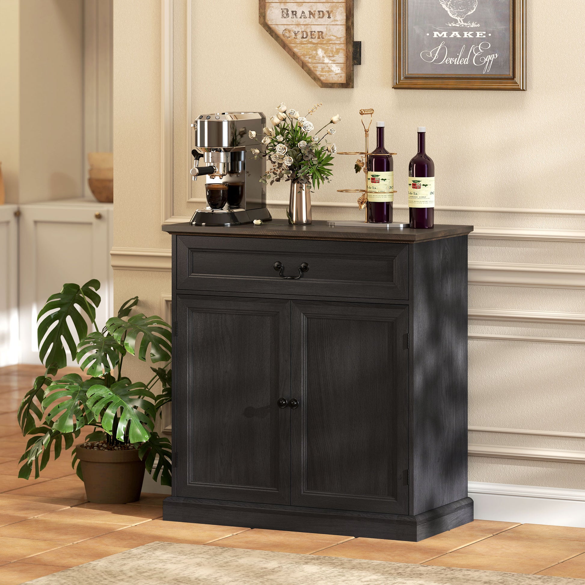 32" Farmhouse Buffet Cabinet - Black Wood Grain Sideboard-DECOROLALA
