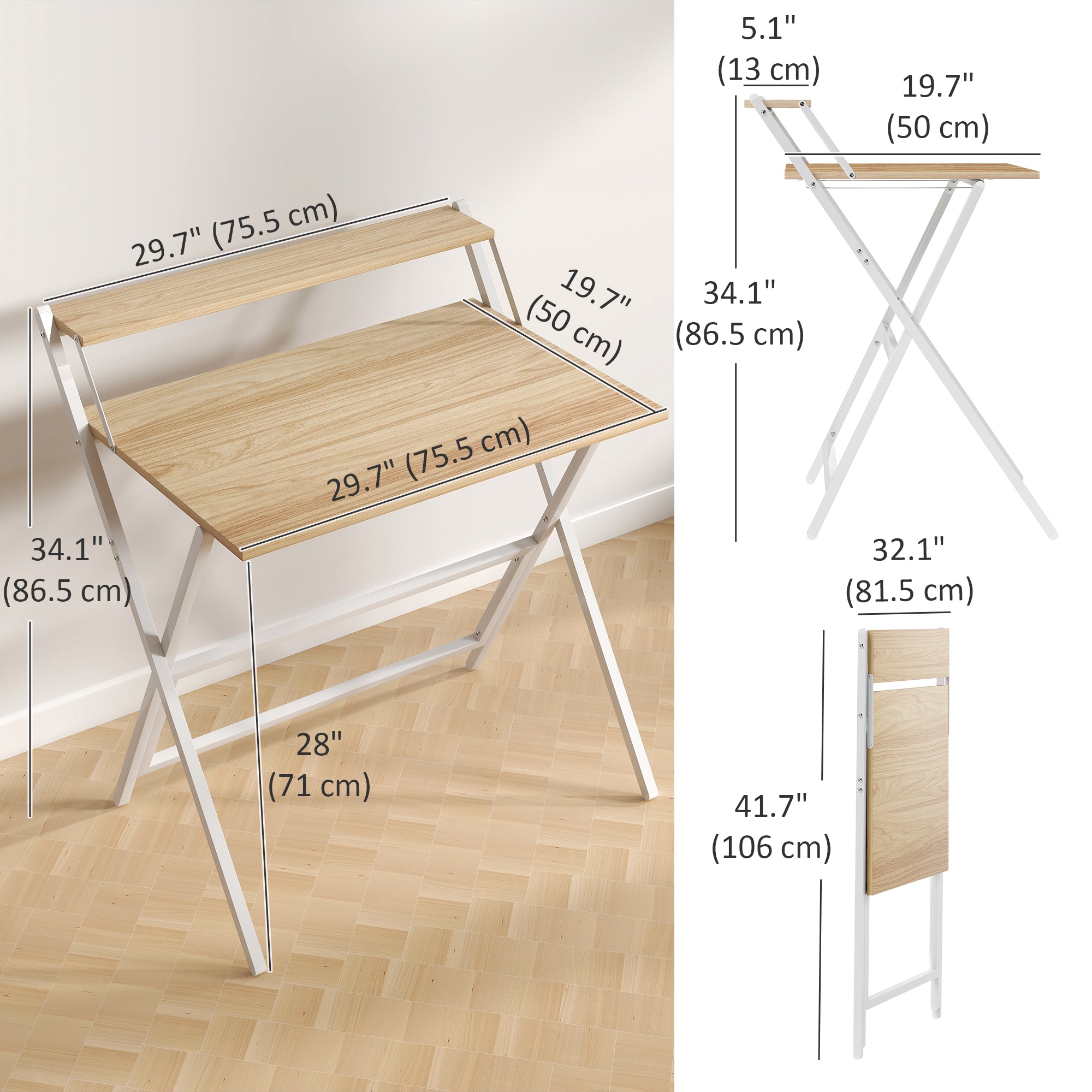 32" Folding Computer Desk with Monitor Shelf - Natural Wood-Office Products > Office Furniture > Office Desks & Work Stations-DECOROLALA