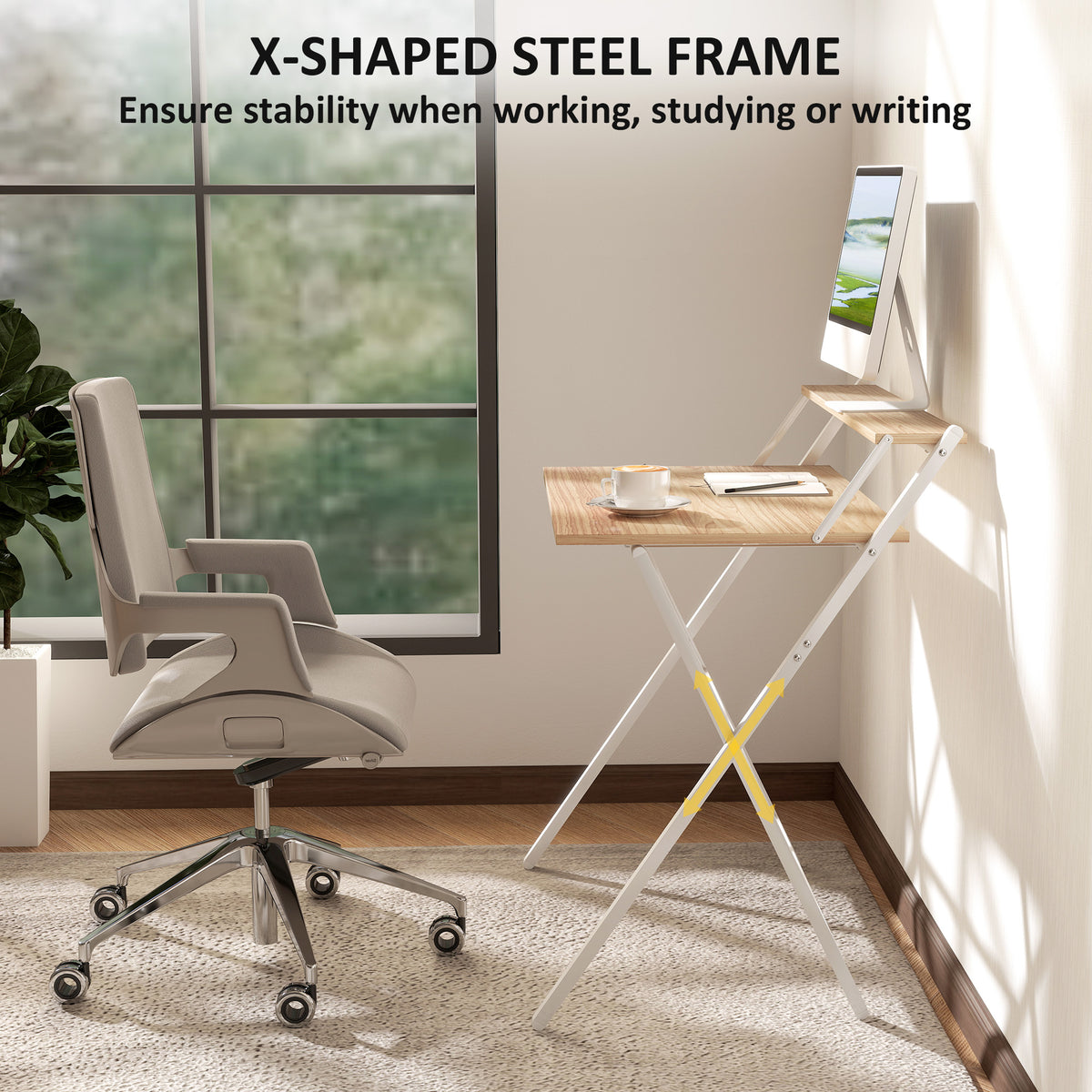 32" Folding Computer Desk with Monitor Shelf - Natural Wood-Office Products > Office Furniture > Office Desks & Work Stations-DECOROLALA