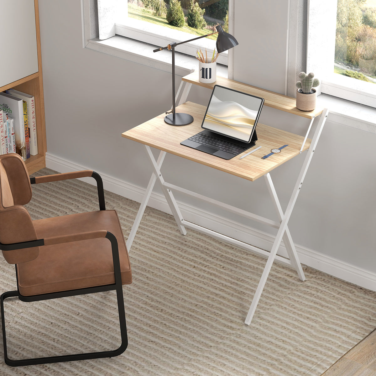 32" Folding Computer Desk with Monitor Shelf - Natural Wood-Office Products > Office Furniture > Office Desks & Work Stations-DECOROLALA
