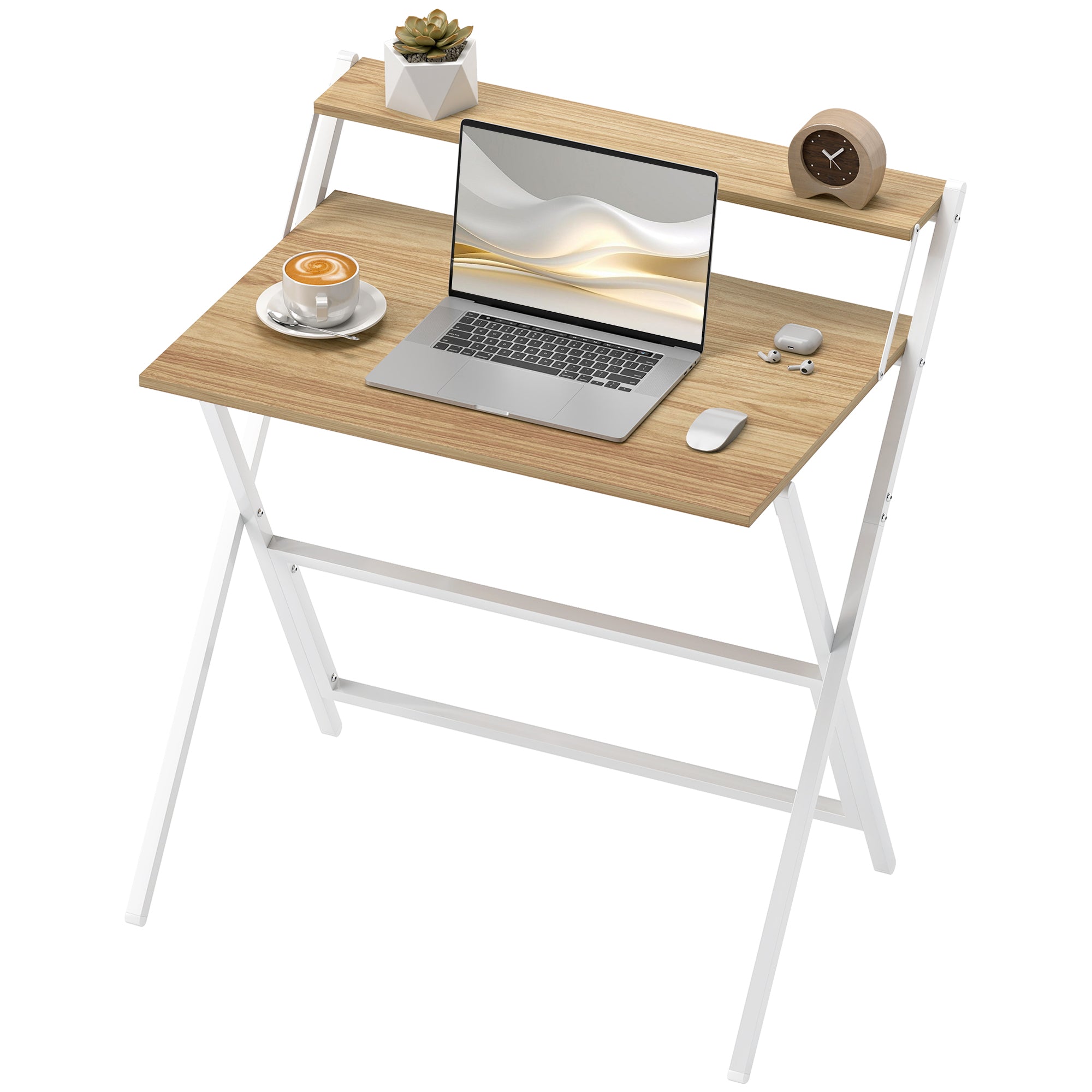 32" Folding Computer Desk with Monitor Shelf - Natural Wood-Office Products > Office Furniture > Office Desks & Work Stations-DECOROLALA