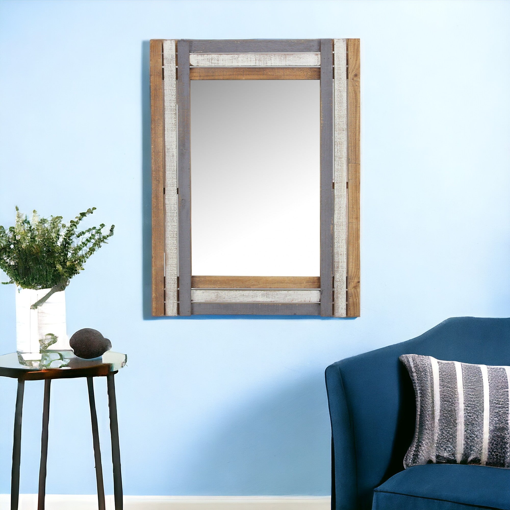 32" Gray Natural and White Wood Framed Accent Mirror-Mirrors-DECOROLALA