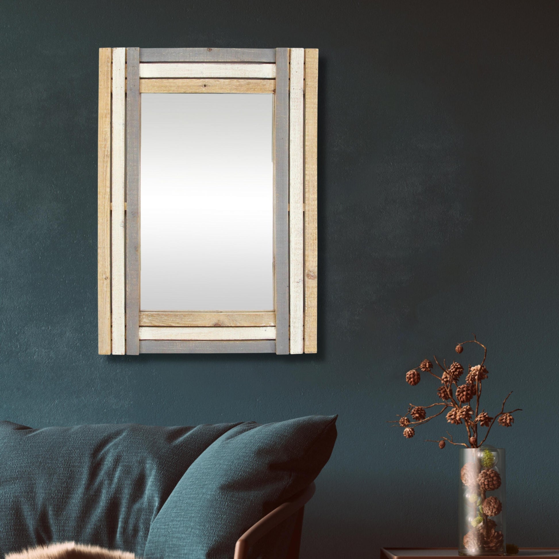 32" Gray Natural and White Wood Framed Accent Mirror-Mirrors-DECOROLALA