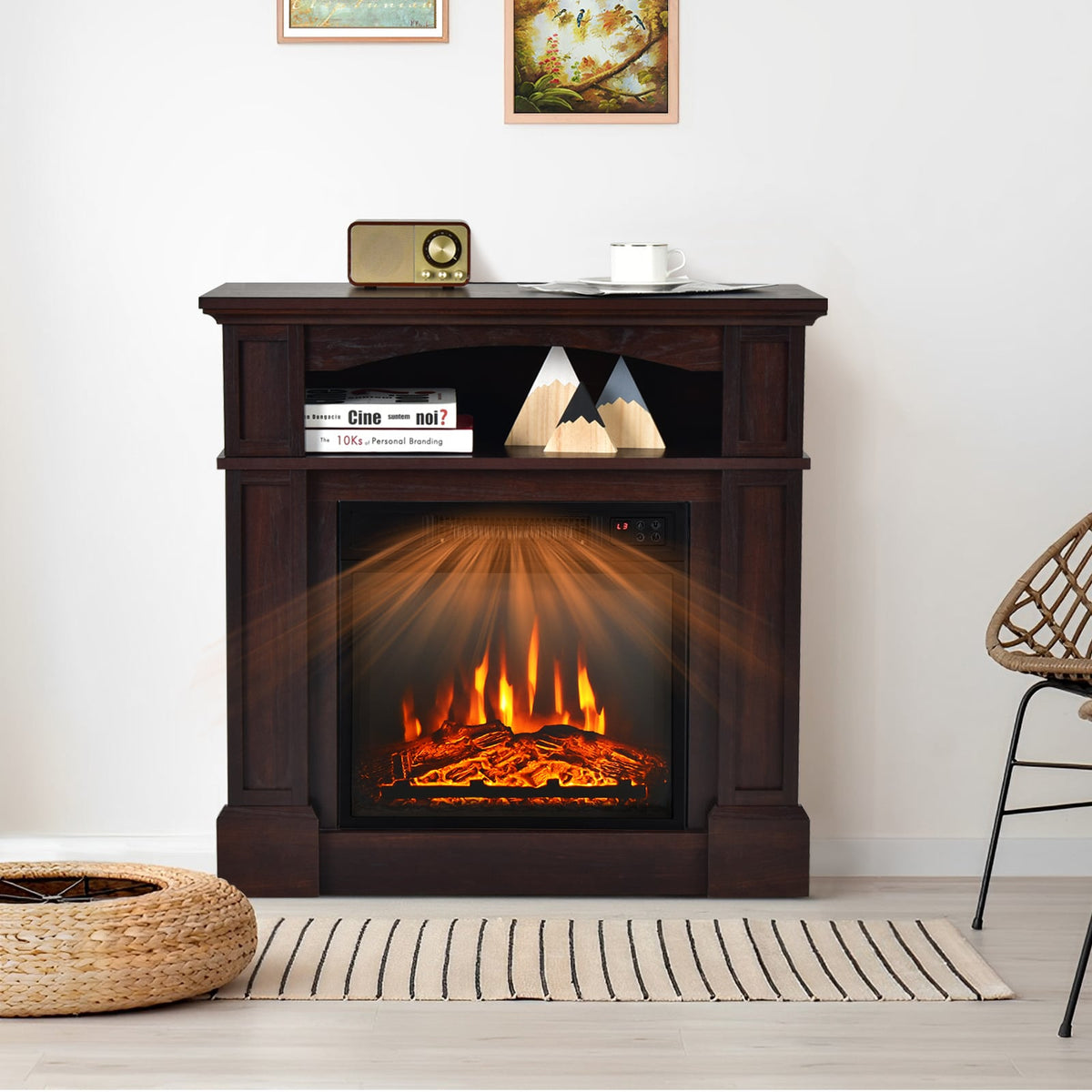 32 Inch 1400W Electric TV Stand Fireplace with Shelf-Natural-Fireplaces-DECOROLALA