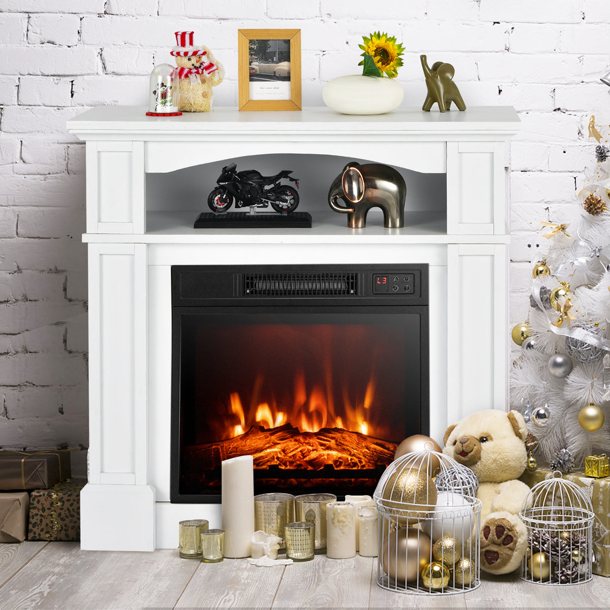 32 Inch 1400W Electric TV Stand Fireplace with Shelf-White-Fireplaces-DECOROLALA