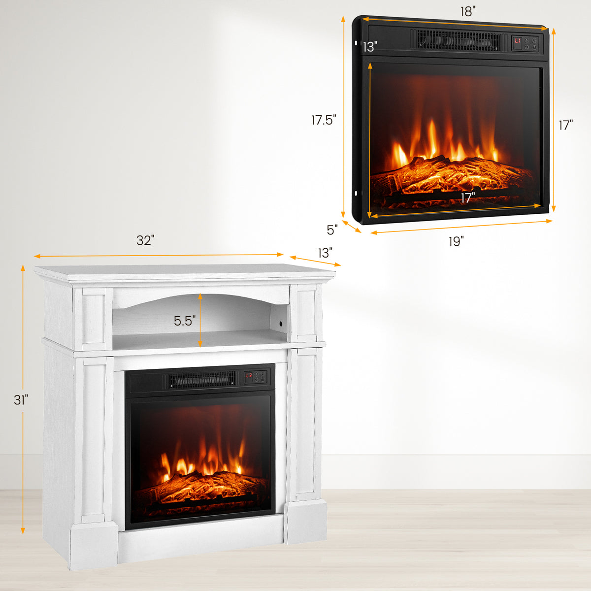 32 Inch 1400W Electric TV Stand Fireplace with Shelf-White-Fireplaces-DECOROLALA