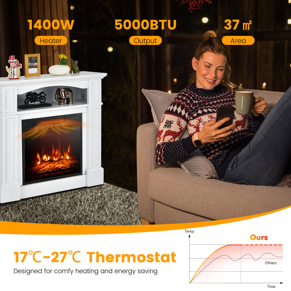 32 Inch 1400W Electric TV Stand Fireplace with Shelf-White-Fireplaces-DECOROLALA
