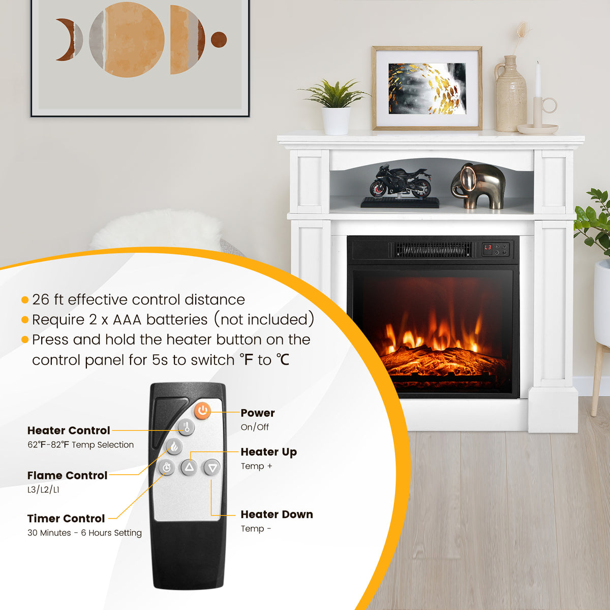 32 Inch 1400W Electric TV Stand Fireplace with Shelf-White-Fireplaces-DECOROLALA