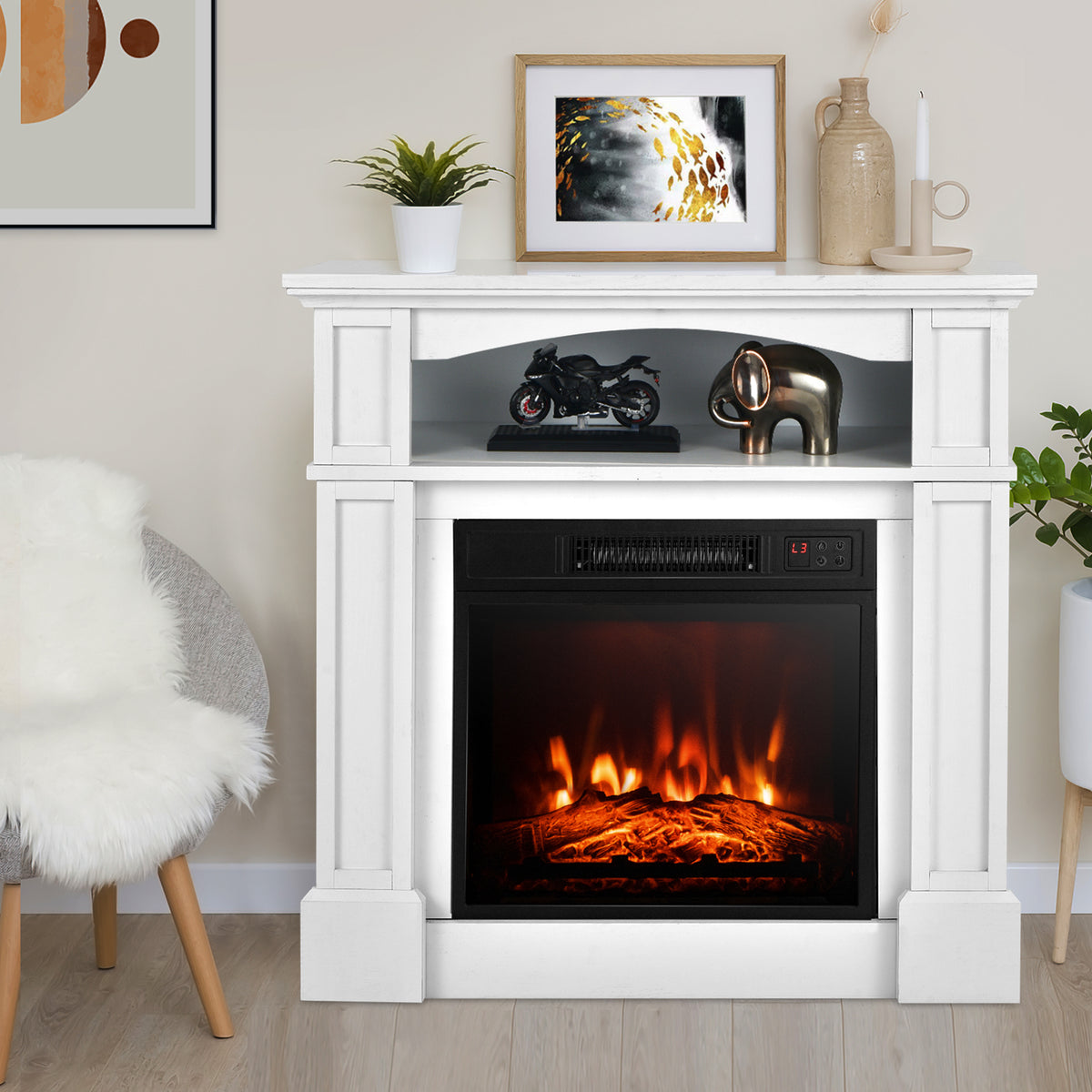 32 Inch 1400W Electric TV Stand Fireplace with Shelf-White-Fireplaces-DECOROLALA