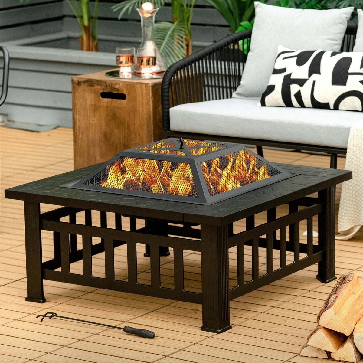 32 Inch 3 in 1 Outdoor Square Fire Pit Table with BBQ Grill and Rain Cover for Camping-Fire Pit Tables-DECOROLALA