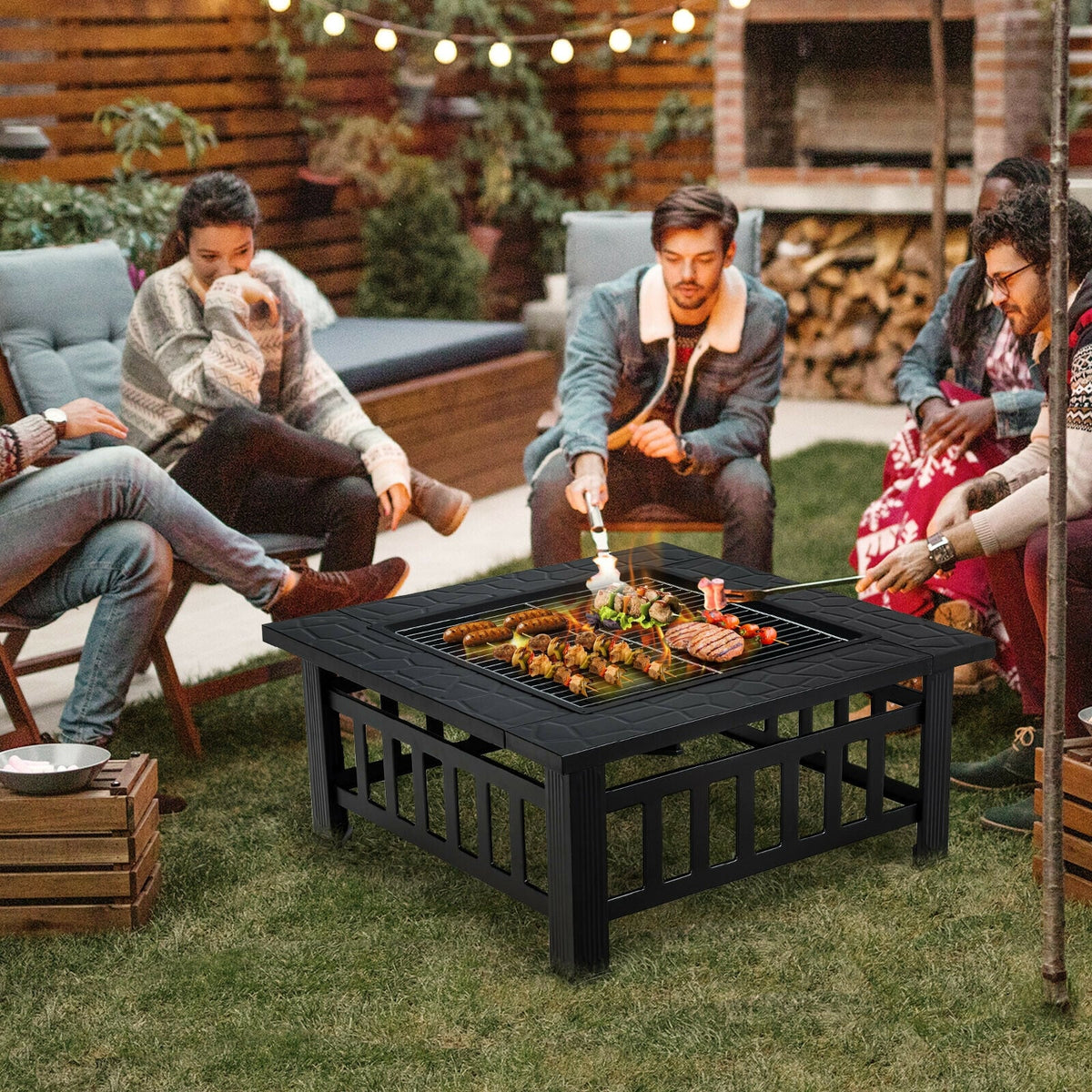 32 Inch 3 in 1 Outdoor Square Fire Pit Table with BBQ Grill and Rain Cover for Camping-Fire Pit Tables-DECOROLALA
