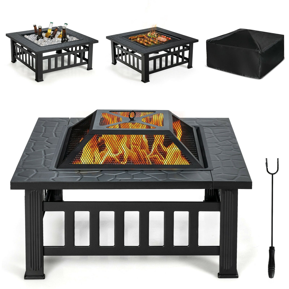 32 Inch 3 in 1 Outdoor Square Fire Pit Table with BBQ Grill and Rain Cover for Camping-Fire Pit Tables-DECOROLALA