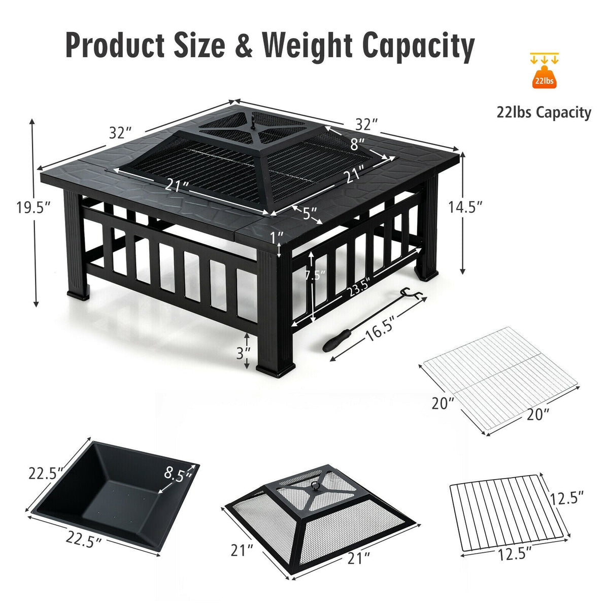 32 Inch 3 in 1 Outdoor Square Fire Pit Table with BBQ Grill and Rain Cover for Camping-Fire Pit Tables-DECOROLALA