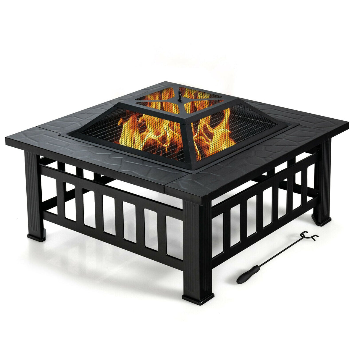 32 Inch 3 in 1 Outdoor Square Fire Pit Table with BBQ Grill and Rain Cover for Camping-Fire Pit Tables-DECOROLALA
