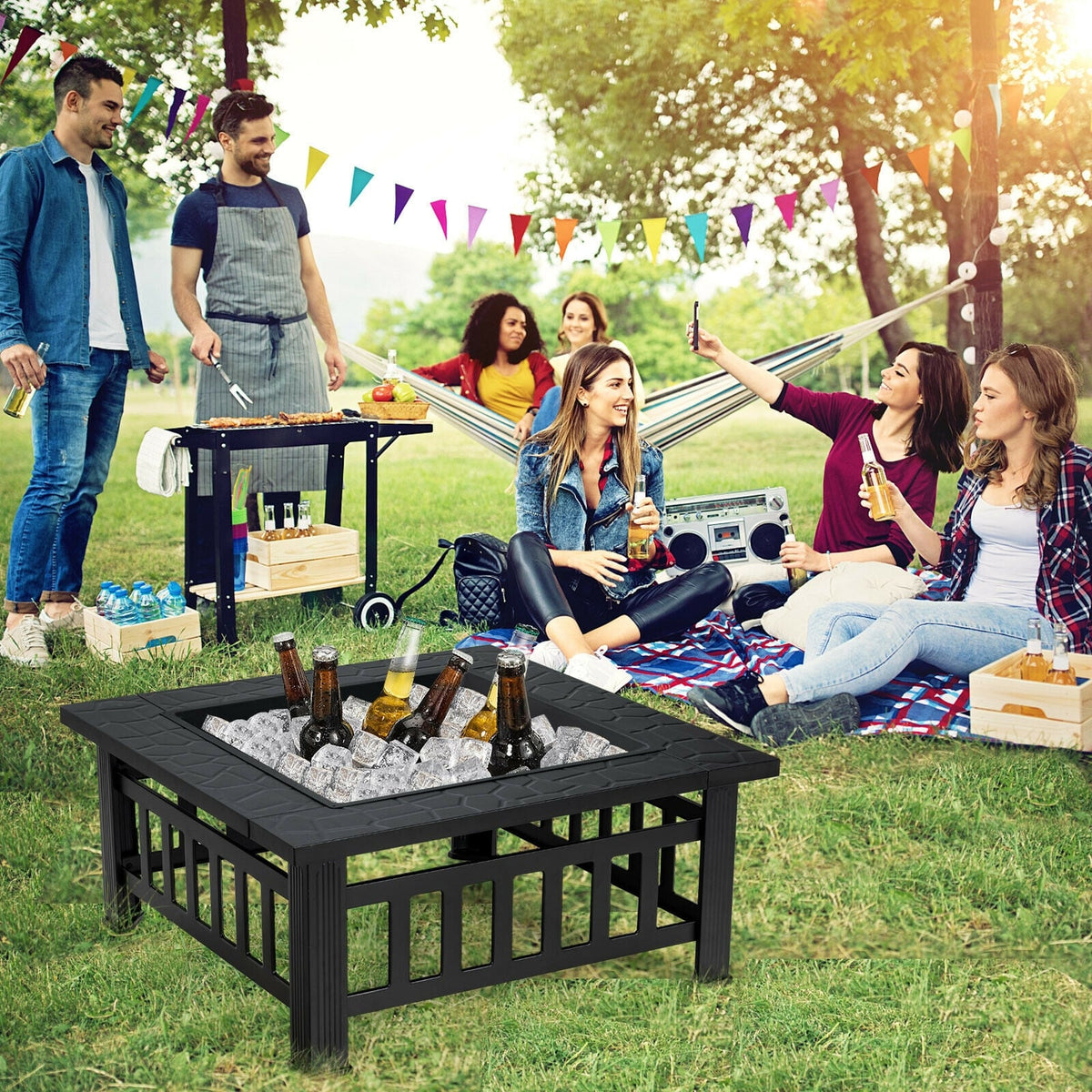 32 Inch 3 in 1 Outdoor Square Fire Pit Table with BBQ Grill and Rain Cover for Camping-Fire Pit Tables-DECOROLALA