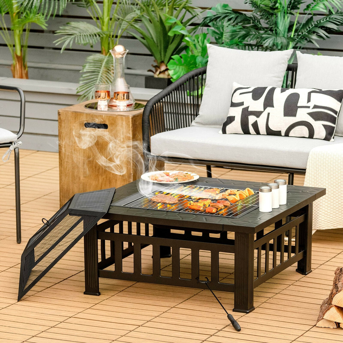 32 Inch 3 in 1 Outdoor Square Fire Pit Table with BBQ Grill and Rain Cover for Camping-Fire Pit Tables-DECOROLALA