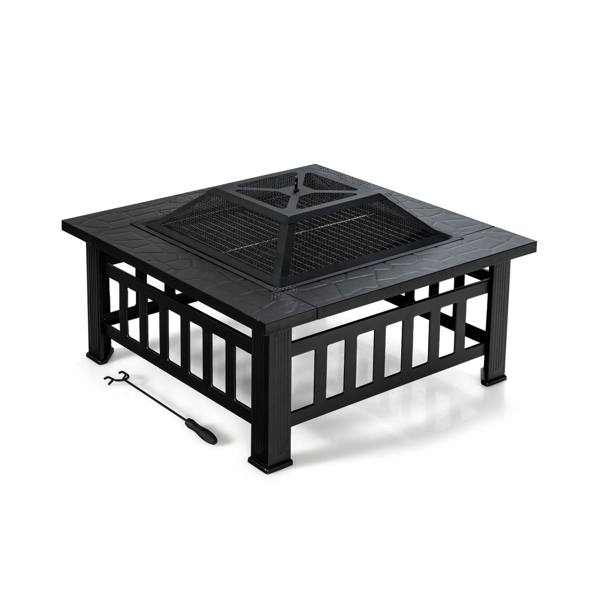 32 Inch 3 in 1 Outdoor Square Fire Pit Table with BBQ Grill and Rain Cover for Camping-Fire Pit Tables-DECOROLALA