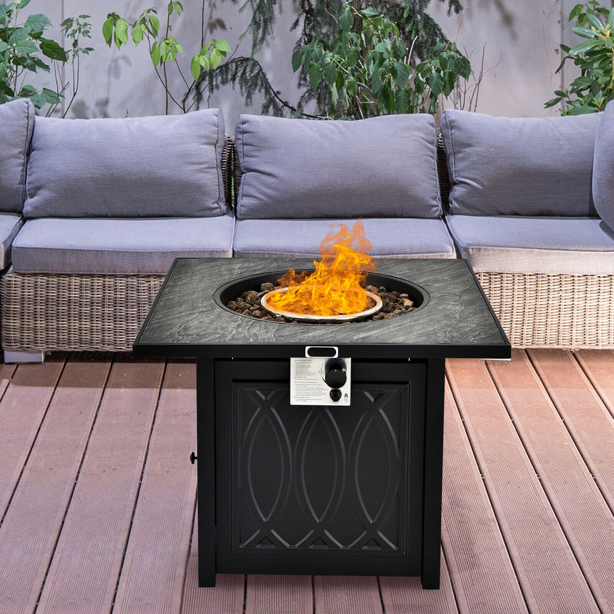 32 Inch Propane Fire Pit Table Square Tabletop with Lava Rocks Cover 50000 BTU-Black-Fire Pit Tables-DECOROLALA