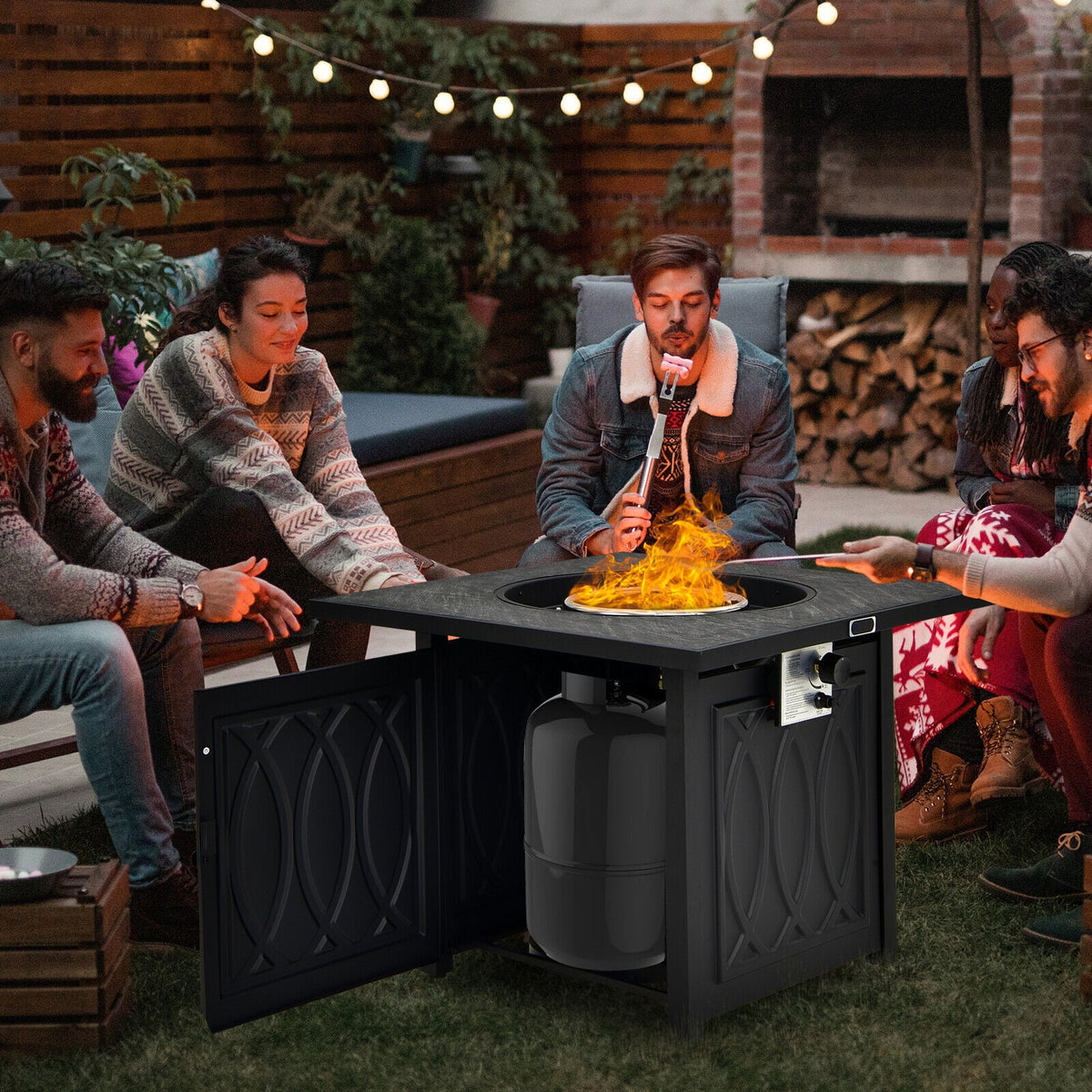 32 Inch Propane Fire Pit Table Square Tabletop with Lava Rocks Cover 50000 BTU-Black-Fire Pit Tables-DECOROLALA