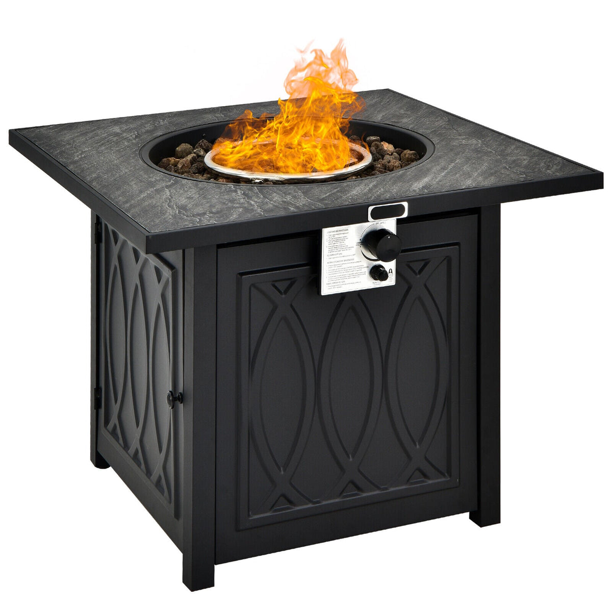 32 Inch Propane Fire Pit Table Square Tabletop with Lava Rocks Cover 50000 BTU-Black-Fire Pit Tables-DECOROLALA