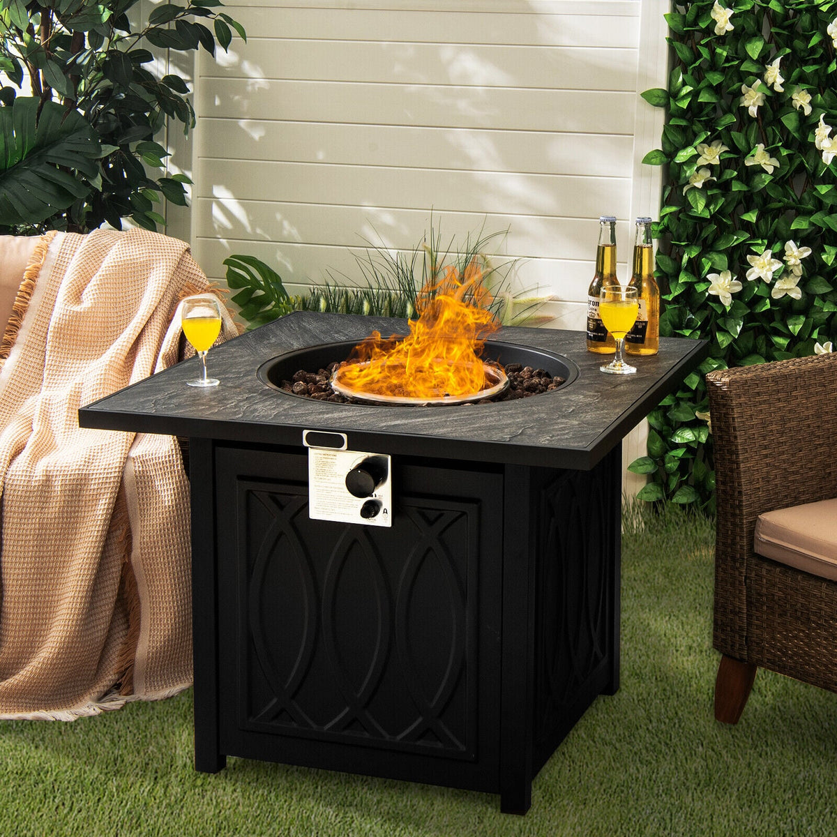 32 Inch Propane Fire Pit Table Square Tabletop with Lava Rocks Cover 50000 BTU-Black-Fire Pit Tables-DECOROLALA