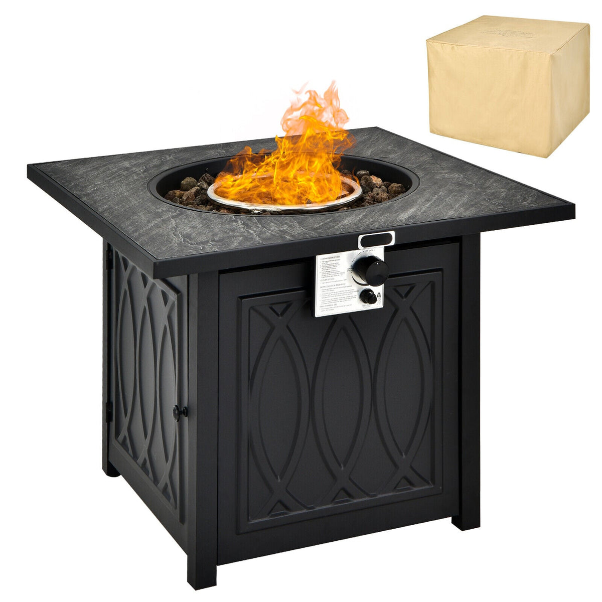32 Inch Propane Fire Pit Table Square Tabletop with Lava Rocks Cover 50000 BTU-Black-Fire Pit Tables-DECOROLALA