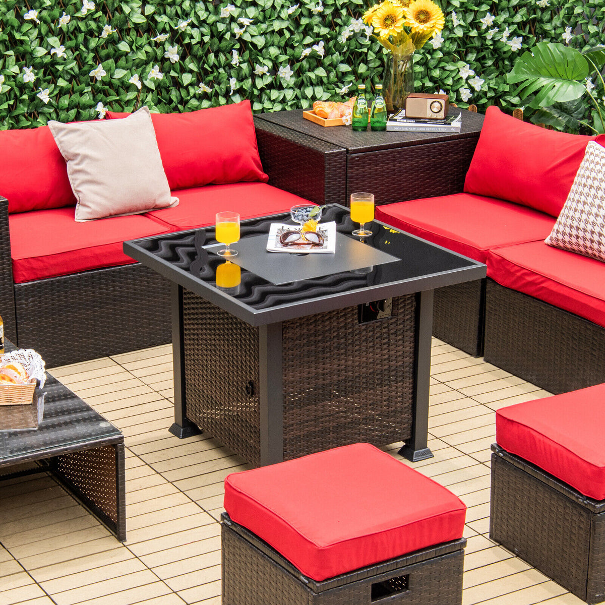 32 Inch Square Propane Fire Pit Table with Lava Rocks Cover-Brown-Fire Pit Tables-DECOROLALA
