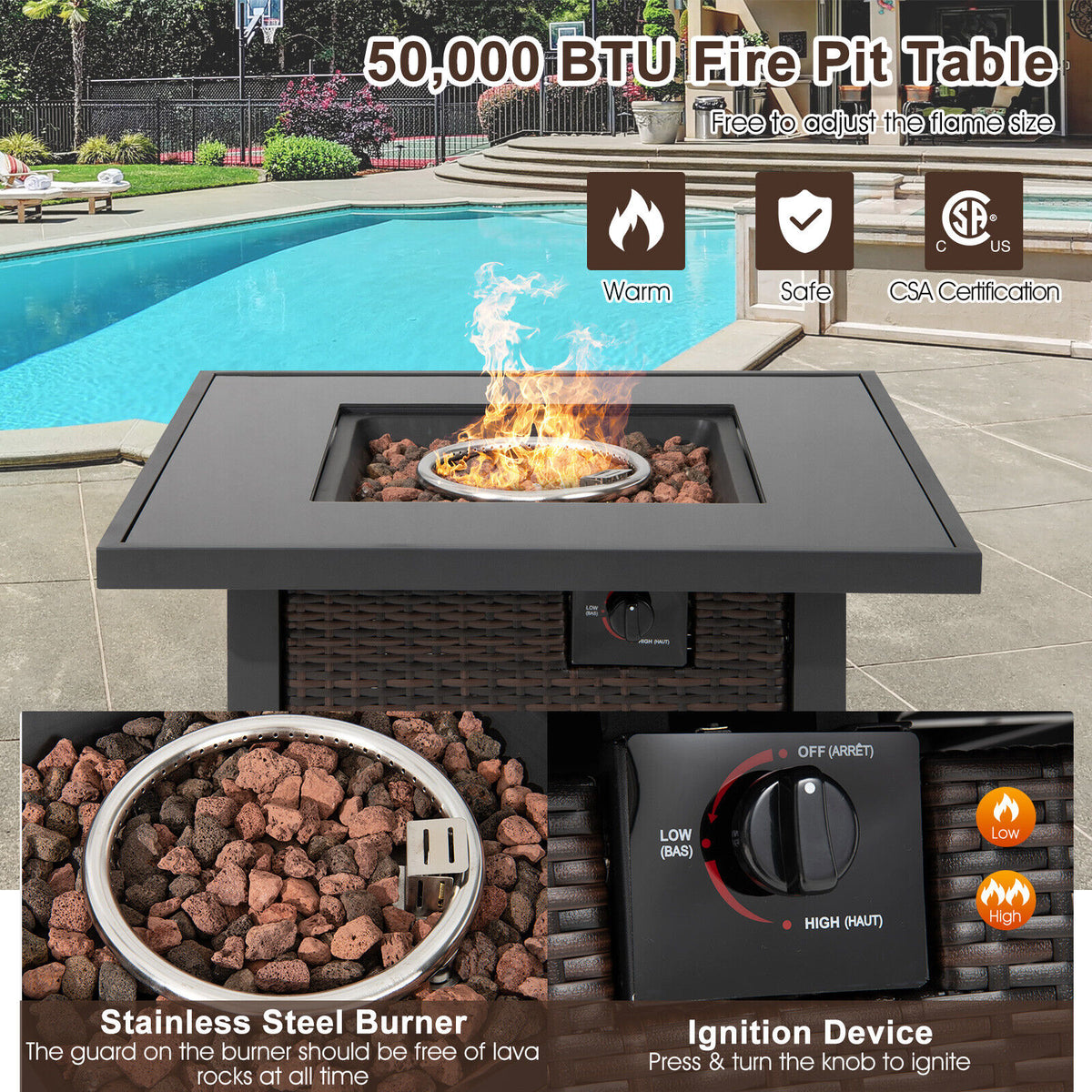 32 Inch Square Propane Fire Pit Table with Lava Rocks Cover-Brown-Fire Pit Tables-DECOROLALA
