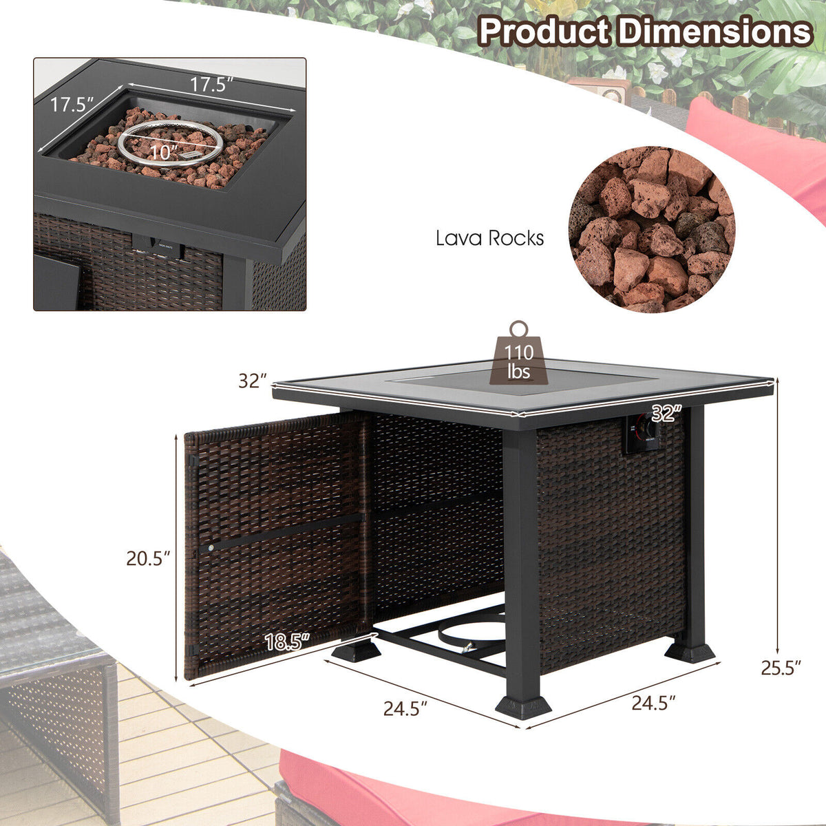 32 Inch Square Propane Fire Pit Table with Lava Rocks Cover-Brown-Fire Pit Tables-DECOROLALA