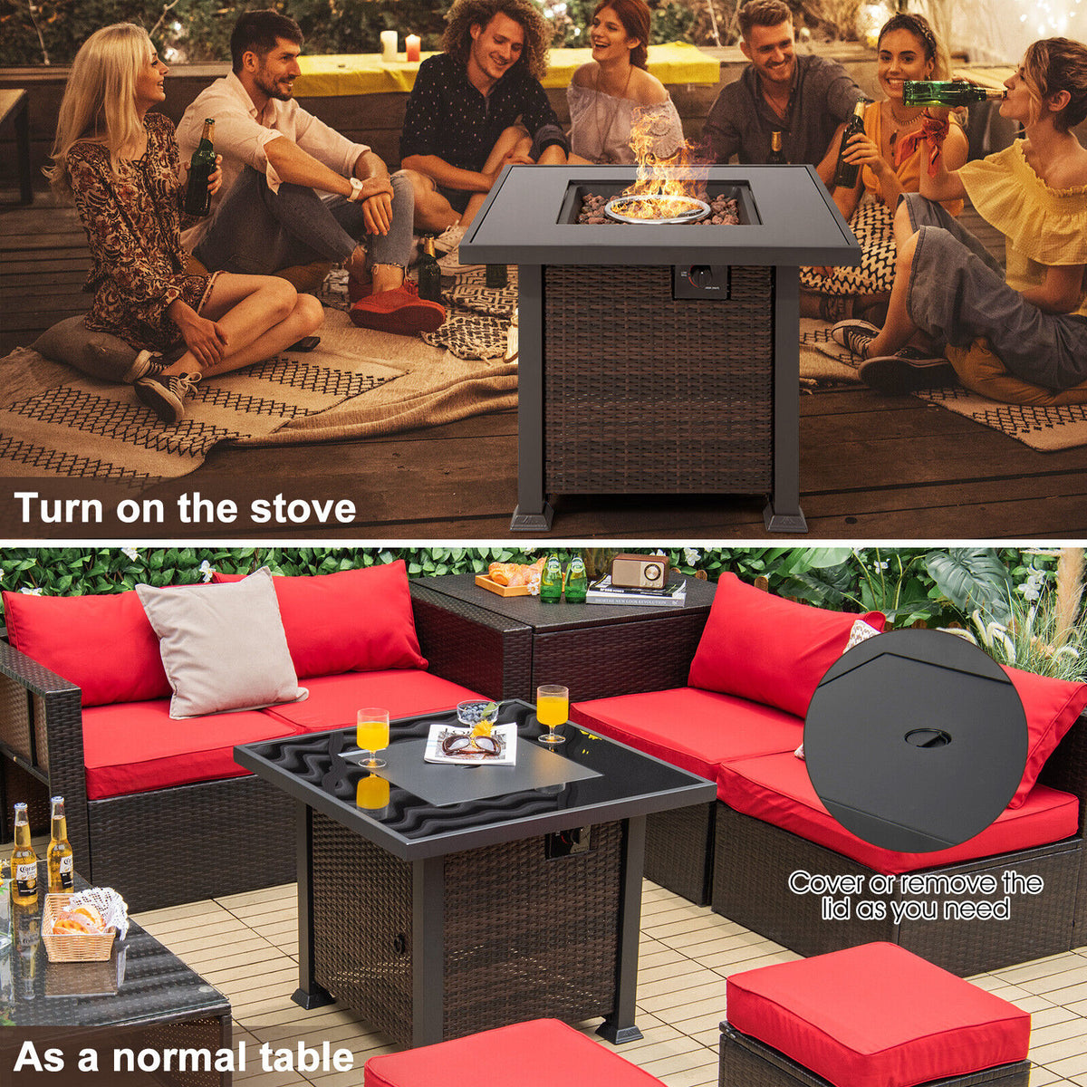 32 Inch Square Propane Fire Pit Table with Lava Rocks Cover-Brown-Fire Pit Tables-DECOROLALA