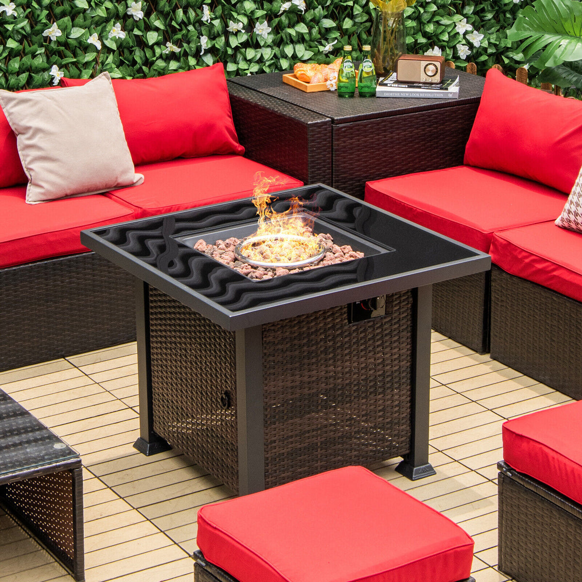 32 Inch Square Propane Fire Pit Table with Lava Rocks Cover-Brown-Fire Pit Tables-DECOROLALA