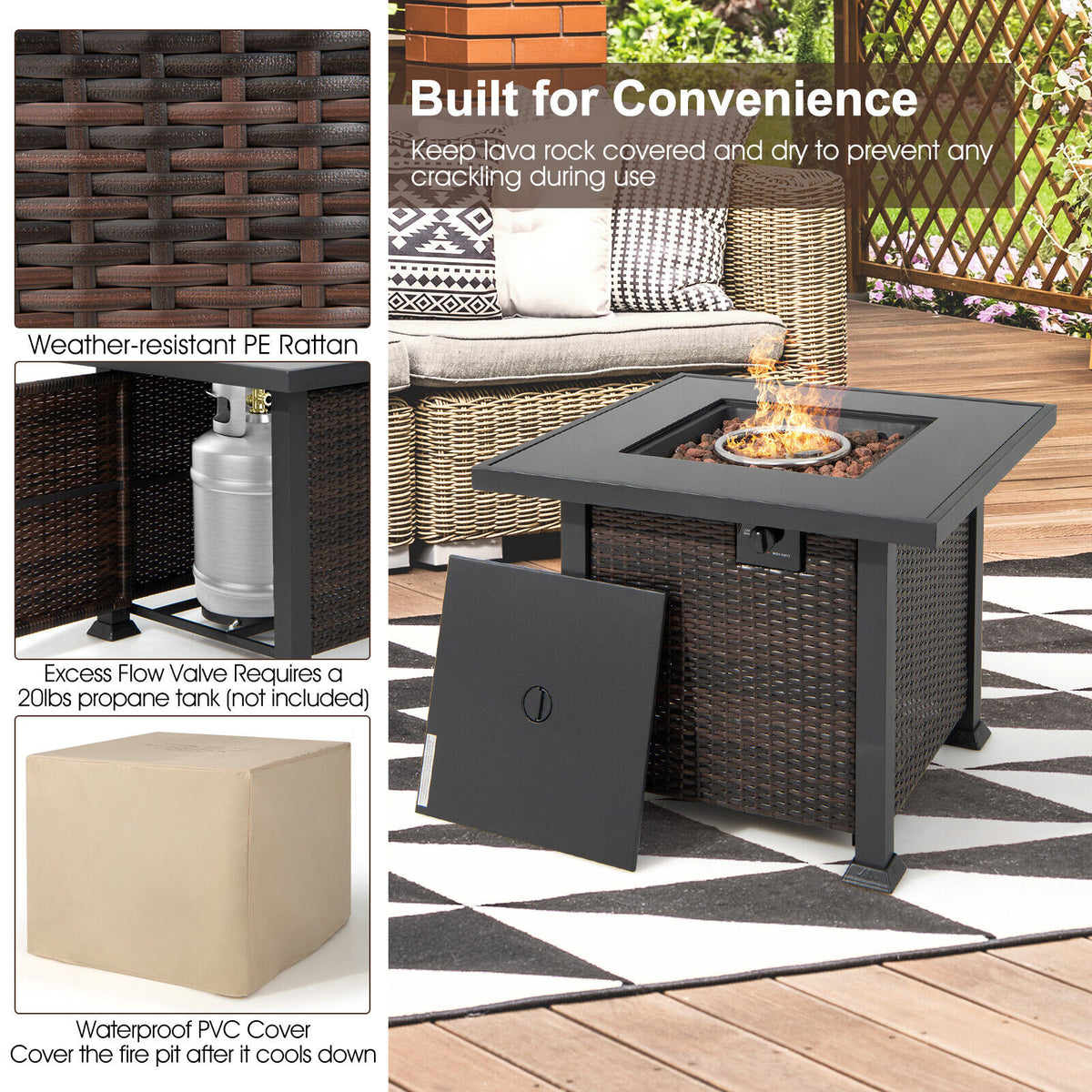 32 Inch Square Propane Fire Pit Table with Lava Rocks Cover-Brown-Fire Pit Tables-DECOROLALA