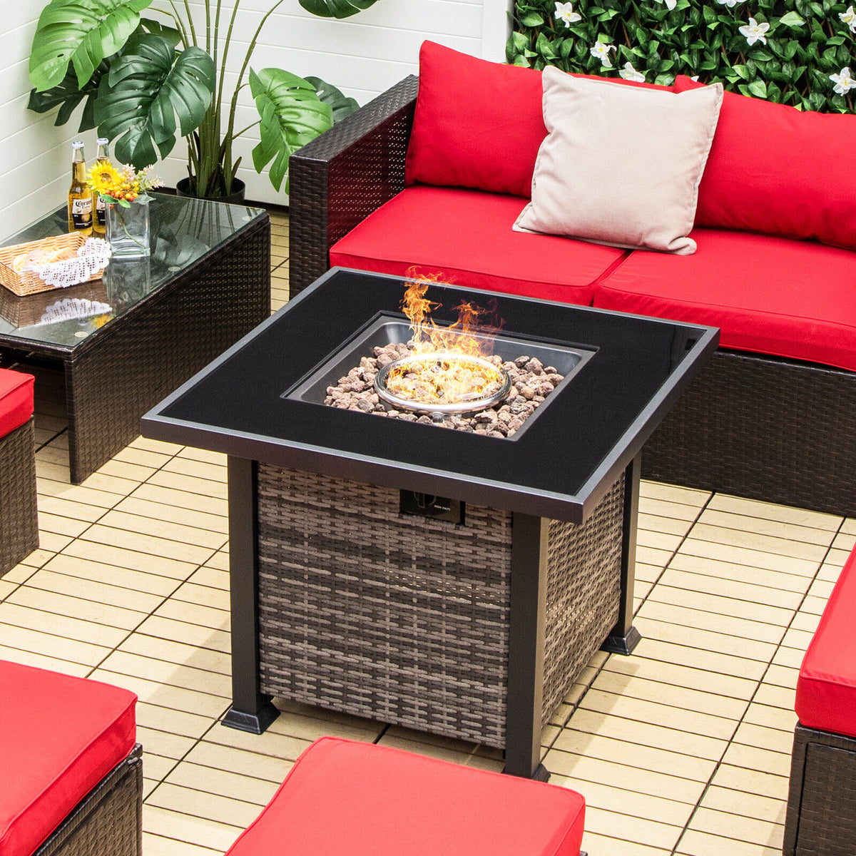 32 Inch Square Propane Fire Pit Table with Lava Rocks Cover-Gray-Fire Pit Tables-DECOROLALA