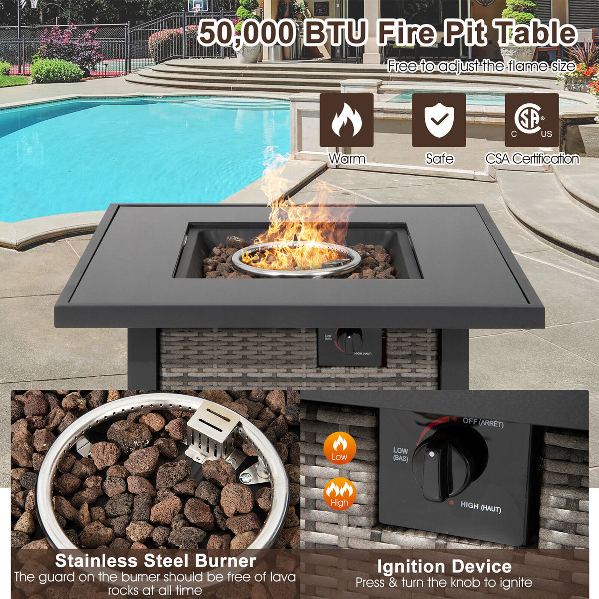 32 Inch Square Propane Fire Pit Table with Lava Rocks Cover-Gray-Fire Pit Tables-DECOROLALA