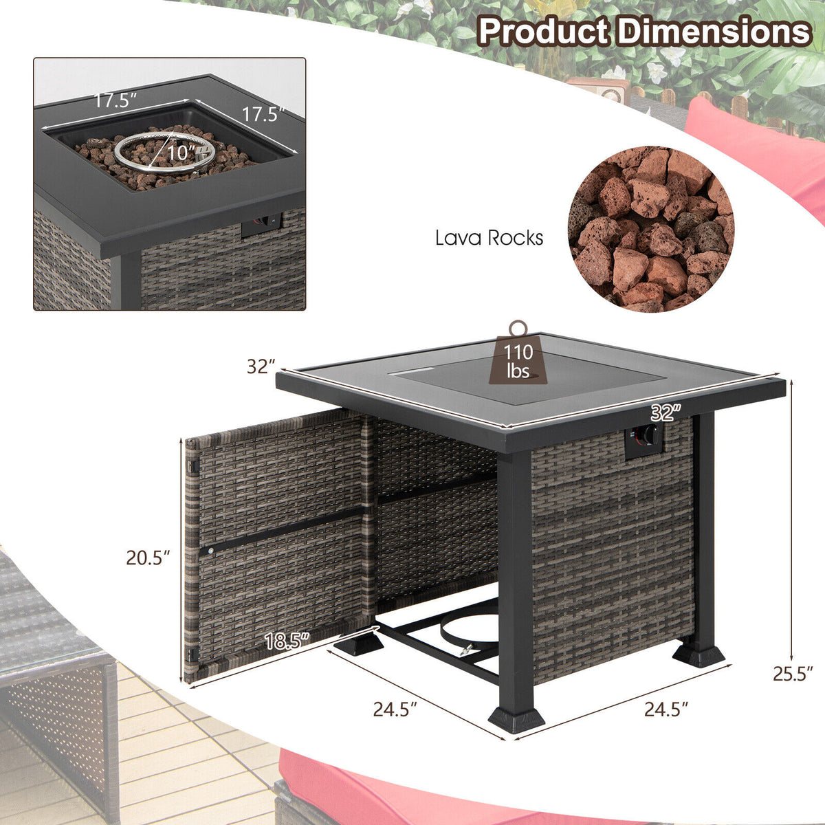 32 Inch Square Propane Fire Pit Table with Lava Rocks Cover-Gray-Fire Pit Tables-DECOROLALA
