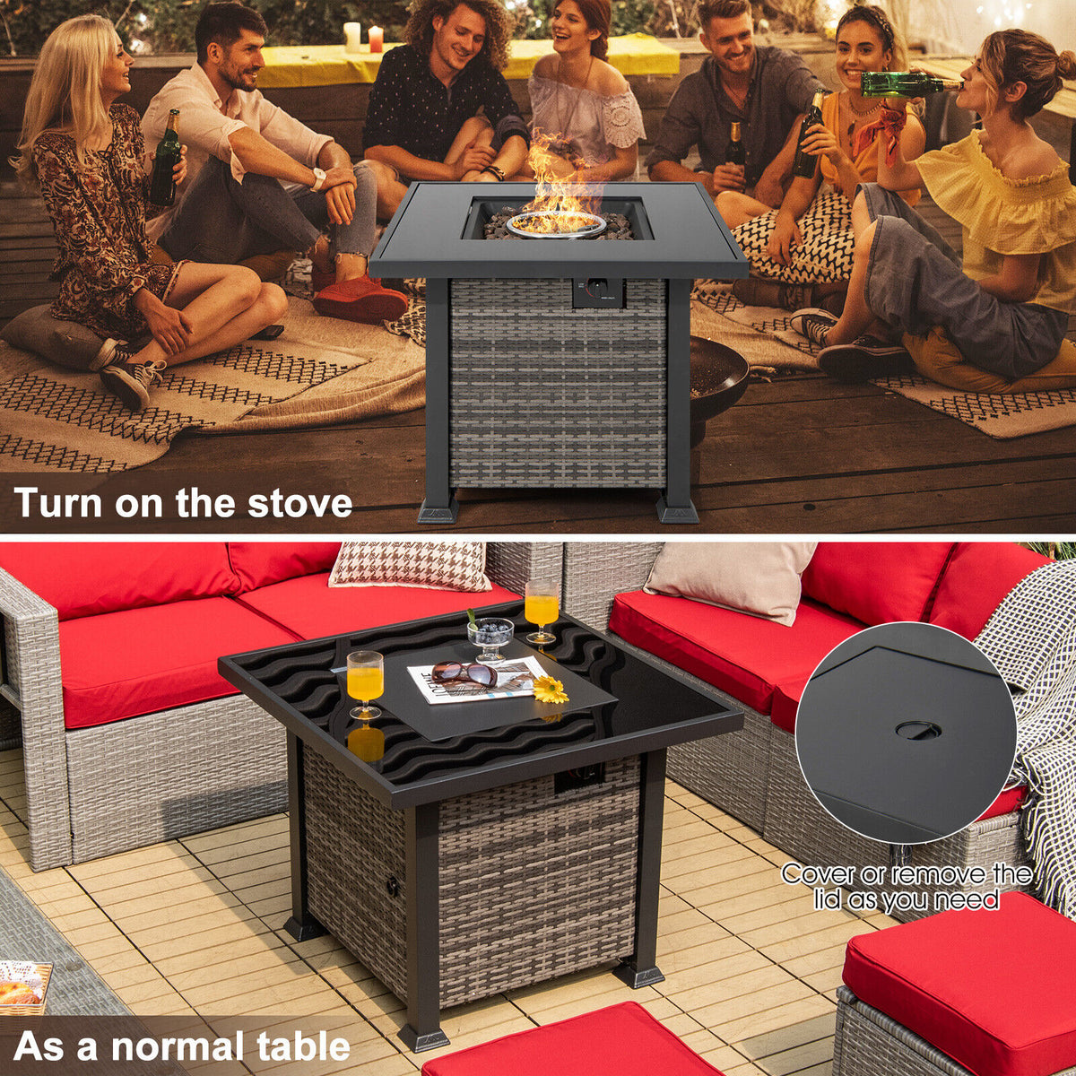 32 Inch Square Propane Fire Pit Table with Lava Rocks Cover-Gray-Fire Pit Tables-DECOROLALA