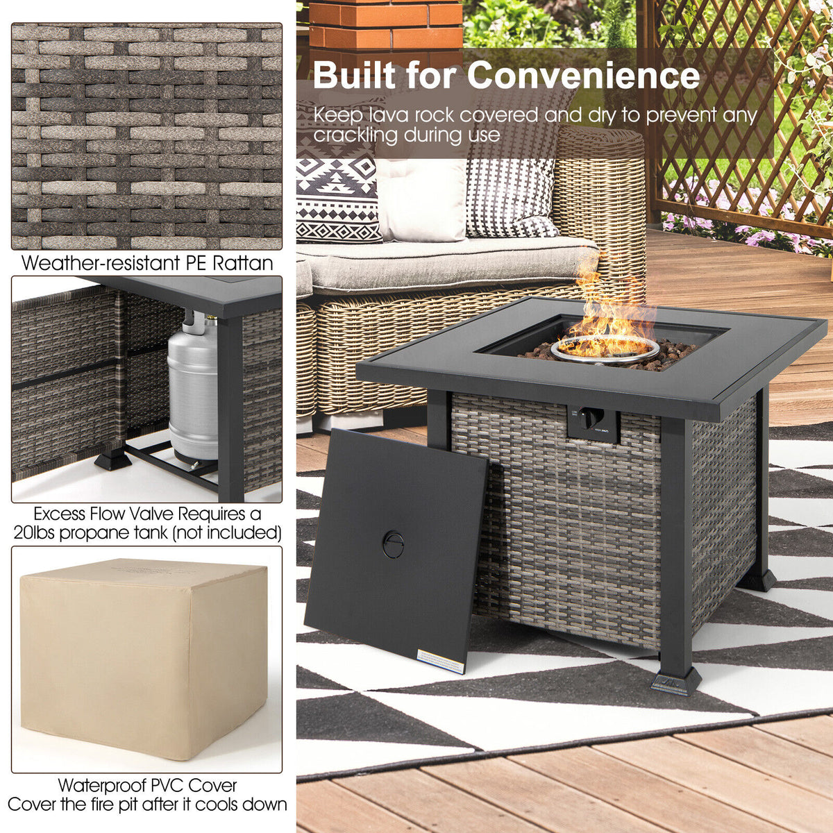 32 Inch Square Propane Fire Pit Table with Lava Rocks Cover-Gray-Fire Pit Tables-DECOROLALA