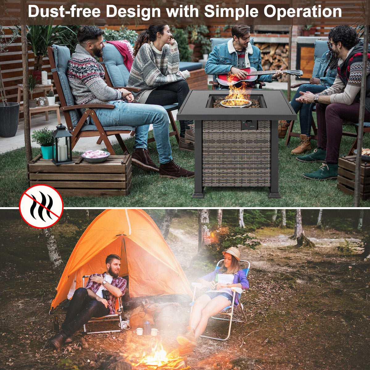 32 Inch Square Propane Fire Pit Table with Lava Rocks Cover-Gray-Fire Pit Tables-DECOROLALA