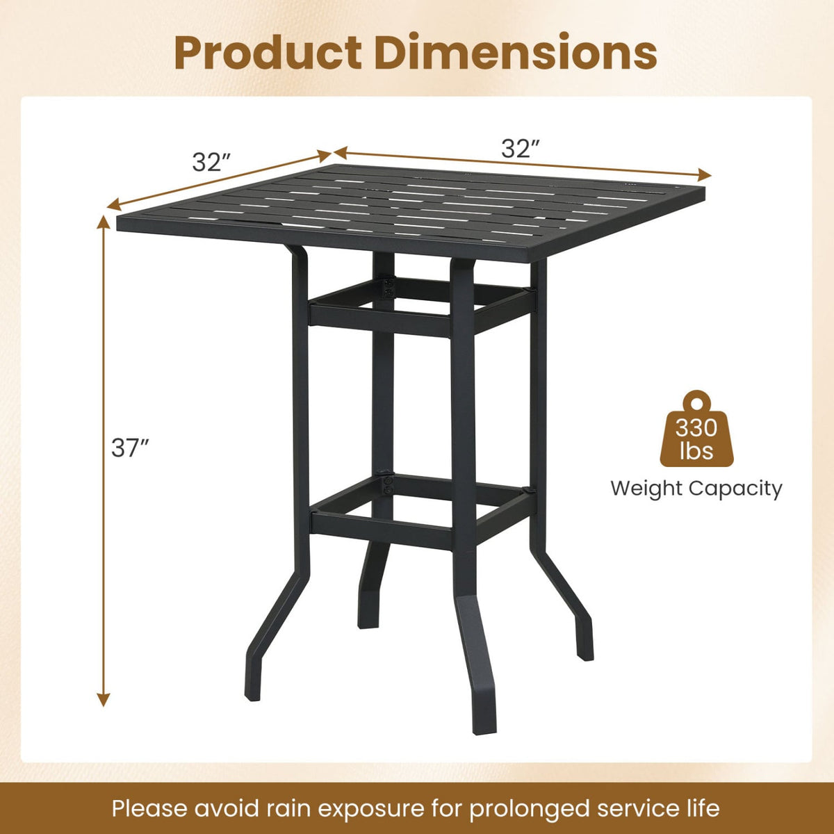 32 Inches Outdoor Steel Square Bar Table with Powder-Coated Tabletop-Outdoor Bar Furniture-DECOROLALA