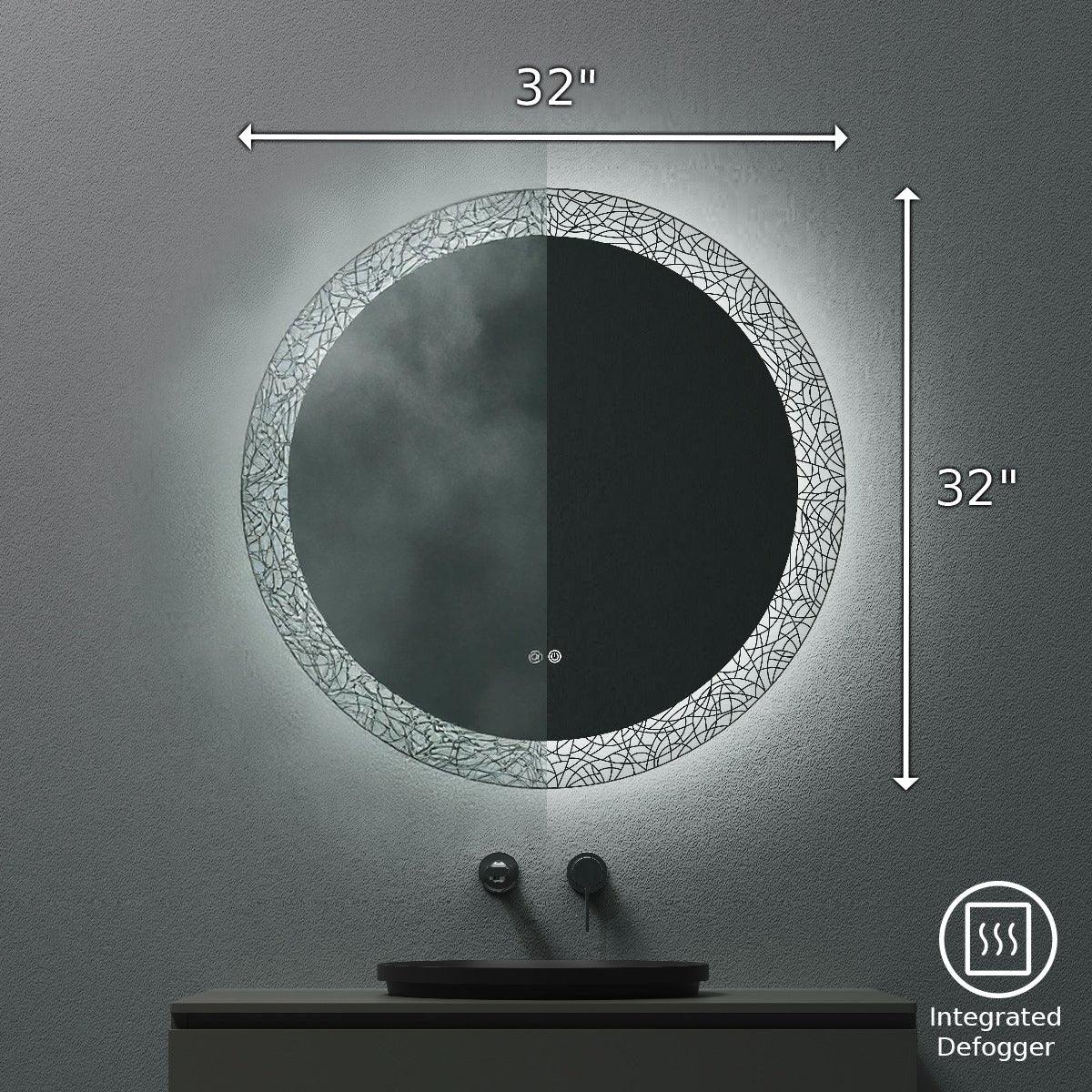 32" LED Round Bathroom Mirror with Laser Pattern Design - Anti-Fog Smart Mirror with Dimming Function, 6000K Cool White Lighting & 3-Touch Sensor Switch for Modern Vanity-Migration_Mirrors-DECOROLALA