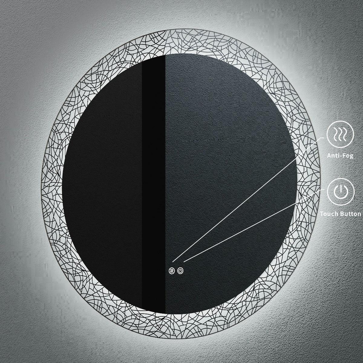 32" LED Round Bathroom Mirror with Laser Pattern Design - Anti-Fog Smart Mirror with Dimming Function, 6000K Cool White Lighting & 3-Touch Sensor Switch for Modern Vanity-Migration_Mirrors-DECOROLALA