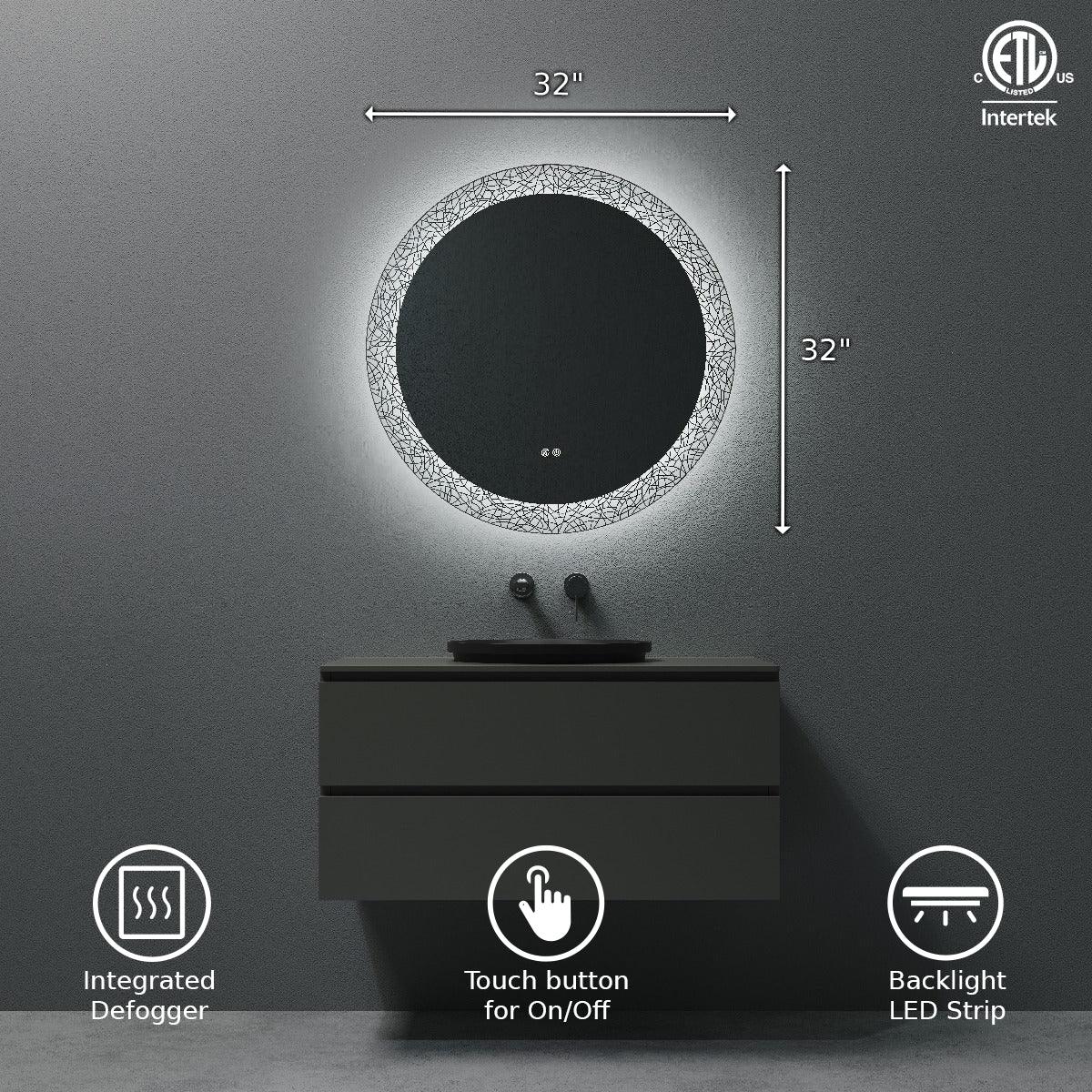 32" LED Round Bathroom Mirror with Laser Pattern Design - Anti-Fog Smart Mirror with Dimming Function, 6000K Cool White Lighting & 3-Touch Sensor Switch for Modern Vanity-Migration_Mirrors-DECOROLALA